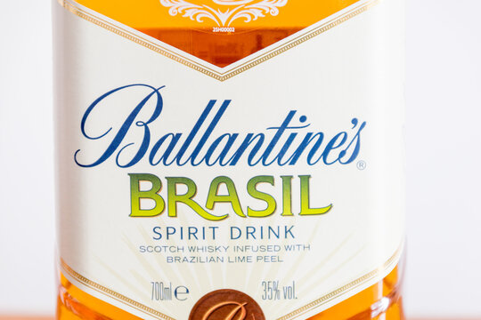 Pruszcz Gdanski, Poland - August 11, 2021: Label of Ballantines brasil spirit drink. Scotch whisky infused with brazilian lime peel.