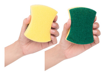 Collectionn of Hand holding Sponge isolated on white background.