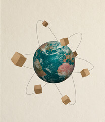 Contemporary art collage of cardboard post boxes flying aroung globe isolated over beige background