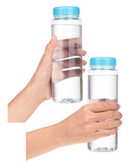 Set of hand holding plastic water bottle isolated on white background.