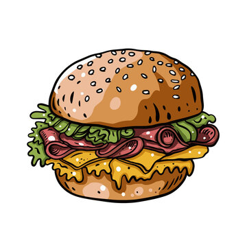 Big burger with bacon, cheese and shredded lettuce. Hand drawn colorful realistic vector illustration.
