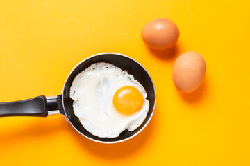 Scrambled, frying  eggs from one egg in a small pan on yellow background