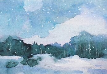 Abstract winter landscape. Snow falls over a coniferous forest. Watercolor painting. Texture of watercolor paper and paint.