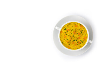 Chicken noodle soup in white bowl isolated on white background. Top view. Copy space