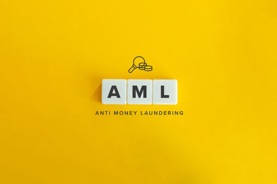 Anti Money Laundering (AML) banner. Block letters on bright orange background. Minimal aesthetics.