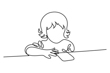 Child using phone in continuous line art drawing style. Little girl watching smartphone black linear sketch isolated on white background. Vector illustration