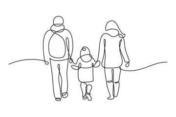 Happy family in continuous line art drawing style. Back view of parents with one child holding hands and walking together black linear sketch isolated on white background. Vector illustration - obrazy, fototapety, plakaty