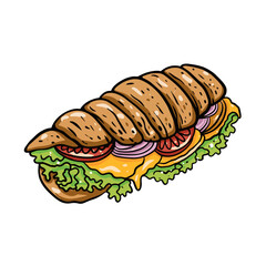 Sub sandwich hand drawn colorful vector illustration. Set ingredient cheese, tomato, onion and shredded lettuce.