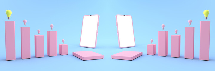 3D rendering of mockup pink smartphone white screen opposite of Mock up of pink bar chart sort high low there is a light bulb on top. Smartphone white screen can be used for commercial advertising.