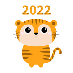 2022. Tiger toy icon. Happy New Year. Cute cartoon funny character. Big eyes. Baby animal. Childish print for nursery, kids apparel, poster, postcard. Jungle cat. Flat design. White background.