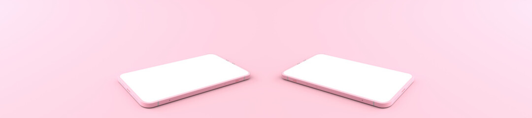 3D rendering of mockup pink Smartphone white screen on pink floor, Pink Mobile phone tilted and lay down on the ground. Smartphone white screen can be used for advertising,Isolated on pink background.