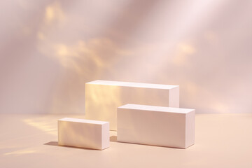 Abstract surreal scene - empty stage with three rectangle white podiums on pastel pink and gold...