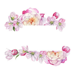 Watercolor floral frame composition with apple tree flowers and rose