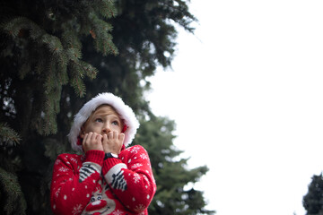 A boy in a red knitted Christmas sweater with a Christmas reindeer and a Santa Claus hat cringed from the cold against the winter sky