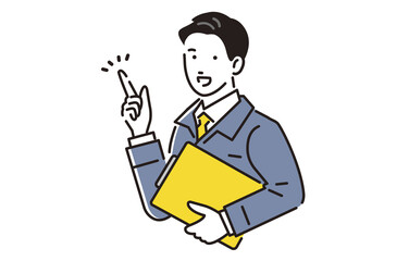 バインダーを持ってポーズをとる作業服の男性