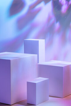 Abstract surreal scene - empty stage with four rectangle white podiums on pastel holographic background with plant shadows. Pedestal for cosmetic product packaging mockups display presentation