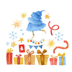 A collection of Christmas elements hand drawn in watercolor isolated on white background. The blue spruce in boots, gift boxes, stars, snowflakes, ribbon and garlands. 