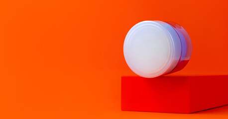 Violet cream jar mockup on geometric podium orange background 2022 year color website banner. Natural anti age sensitive skin moisturizer product. Balancing skincare makeup cosmetic packaging template