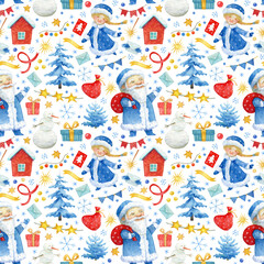 Christmas seamless pattern with Ded Moroz, Snow Maiden, snowmen, spruces, gift boxes, letters, stars, snowflakes and garlands. Hand drawn watercolor pattern for New Year. 