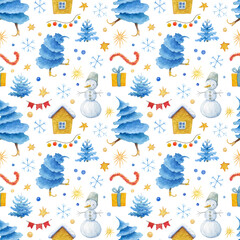 Christmas seamless pattern with walking spruces. Hand drawn watercolor pattern for New Year. 