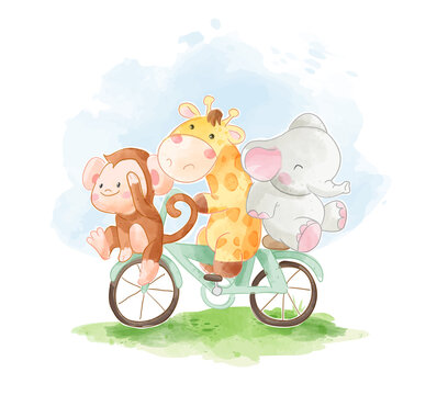 Cute cartoon animal friends riding bicycle illustration