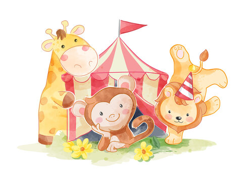 Cute animal friends in circus tent illustration