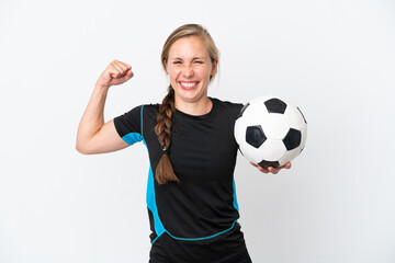 Young football player woman isolated on white background doing strong gesture