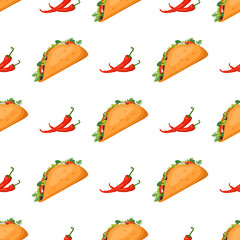 Seamless pattern with Mexican traditional taco food and hot peppers. Fast food print for restaurant, cafe and design on white background. Vector flat illustration
