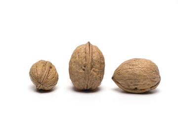 three walnuts from different sides white background