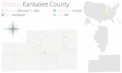 Fototapeta na wymiar Large and detailed map of Kankakee county in Illinois, USA.