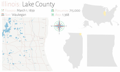 Large and detailed map of Lake county in Illinois, USA.
