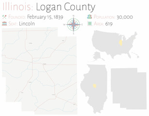 Large and detailed map of Logan county in Illinois, USA. - obrazy, fototapety, plakaty