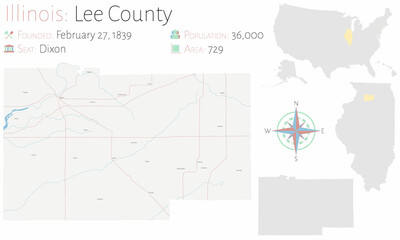 Large and detailed map of Lee county in Illinois, USA.