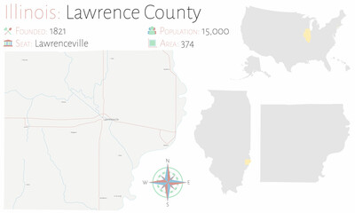 Large and detailed map of Lawrence county in Illinois, USA.