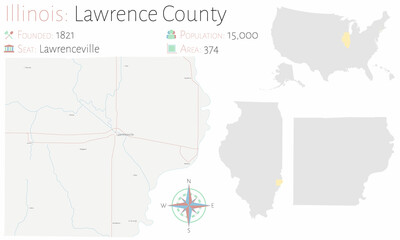 Fototapeta premium Large and detailed map of Lawrence county in Illinois, USA.