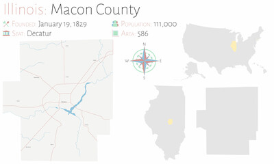Large and detailed map of Macon county in Illinois, USA.