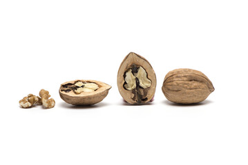 open walnuts from different sides white background