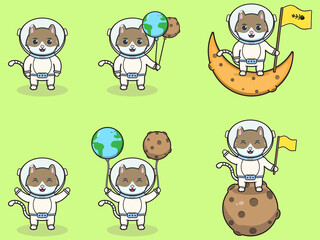 Vector Illustration of Cute Cat with an astronaut costume. Funny Cat Wearing Astronaut Costumes or Spacesuit Vector Set. Flat Cartoon Style.
