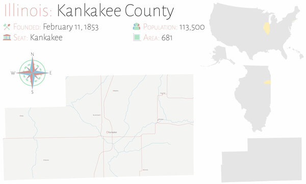 Large And Detailed Map Of Kankakee County In Illinois, USA.