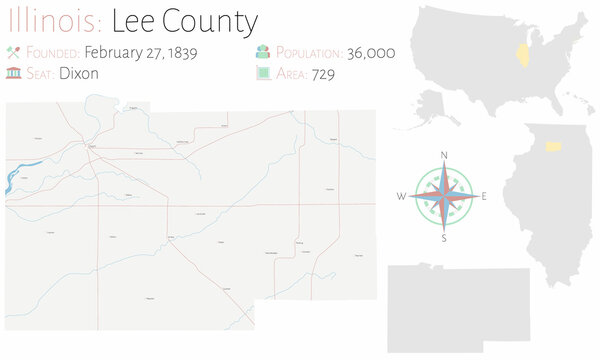 Large and detailed map of Lee county in Illinois, USA.