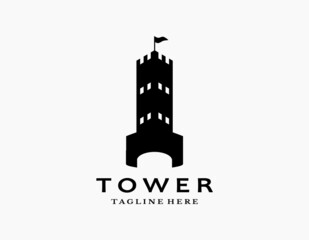 Castle tower logo icon with black and white.  Silhouette of palace or fortress with flags. Suitable for museums, stamps, postcards. - obrazy, fototapety, plakaty