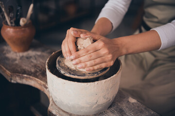 Cropped photo of lady pottery use equipment form porcelain pot earthenware artwork sit in self...