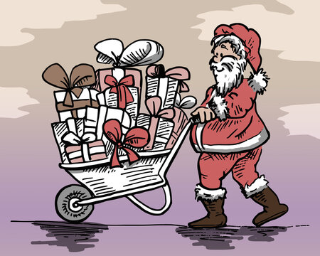 Colorful Christmas illustration of Santa Claus delivering a whole pile of presents in a wheelbarrow