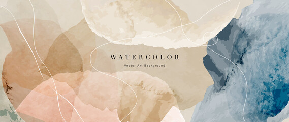 Watercolor art background vector. Wallpaper design with paint brush and gold line art. Earth tone beige watercolor Illustration for prints, wall art, cover and invitation cards.