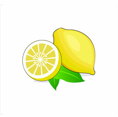 Fresh lemon with leaf vector illustration. whole and half slice lemon vector design
