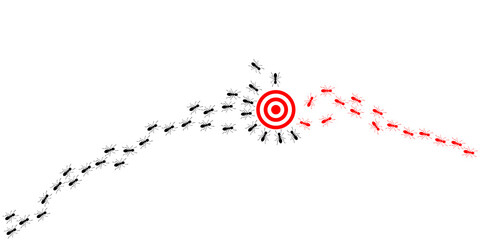 Ant bait. Ant trail. Trap. A line of marching ants with infected insects. Insecticide. Illustration on white background 