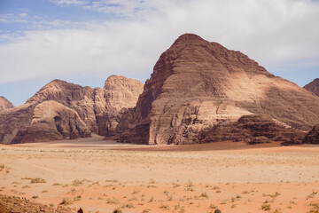 beautiful red weathered sandstone mountains in the Wadi Rum desert, Jordan
