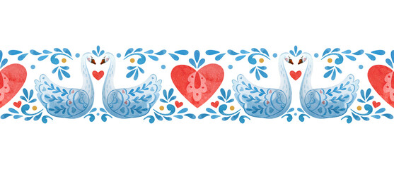 Seamless borders with swans, heart and folklore elements - obrazy, fototapety, plakaty