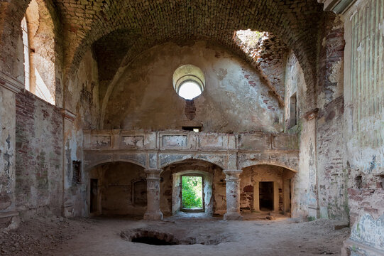 The interior of completely ruined Chervonohorod church Ukraine.