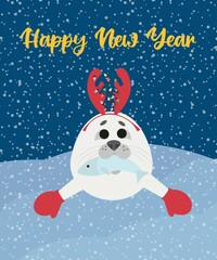 Happy New Year. The seal holds the fish. Seal wearing mittens. Garland on his head	